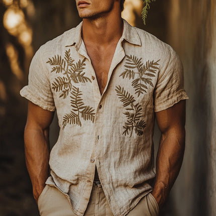 Men's Short Sleeve Linen Shirt | Fern Embroidery | Lightweight & Breathable | Casual & Formal | Contemporary Fit | High-Quality Linen | Elegant Nature-Inspired Design | Comfortable & Versatile