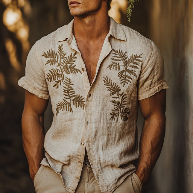 Men's Short Sleeve Linen Shirt | Fern Embroidery | Lightweight & Breathable | Casual & Formal | Contemporary Fit | High-Quality Linen | Elegant Nature-Inspired Design | Comfortable & Versatile