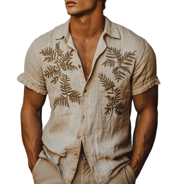 Men's Short Sleeve Linen Shirt | Fern Embroidery | Lightweight & Breathable | Casual & Formal | Contemporary Fit | High-Quality Linen | Elegant Nature-Inspired Design | Comfortable & Versatile