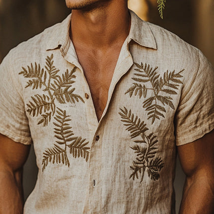 Men's Short Sleeve Linen Shirt | Fern Embroidery | Lightweight & Breathable | Casual & Formal | Contemporary Fit | High-Quality Linen | Elegant Nature-Inspired Design | Comfortable & Versatile