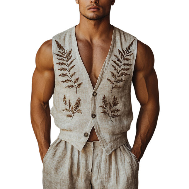 Men's Embroidered V-Neck Vest | Vintage Fern Design | Sleeveless Outerwear | Breathable Fabric | Classic & Modern Style | Versatile Layering | Elegant Embroidery | Unique Fashion Statement