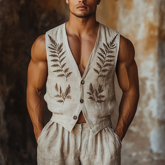 Men's Embroidered V-Neck Vest | Vintage Fern Design | Sleeveless Outerwear | Breathable Fabric | Classic & Modern Style | Versatile Layering | Elegant Embroidery | Unique Fashion Statement