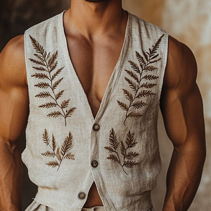 Men's Embroidered V-Neck Vest | Vintage Fern Design | Sleeveless Outerwear | Breathable Fabric | Classic & Modern Style | Versatile Layering | Elegant Embroidery | Unique Fashion Statement