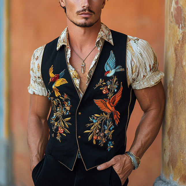 Men's Vintage V-Neck Vest | Bird Embroidered | Unique Fashion Statement | Timeless Style | Nature-Inspired Artistry | Casual or Polished Look | Versatile Layering | Premium Fabric | Vintage Design