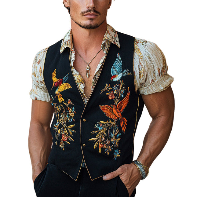 Men's Vintage V-Neck Vest | Bird Embroidered | Unique Fashion Statement | Timeless Style | Nature-Inspired Artistry | Casual or Polished Look | Versatile Layering | Premium Fabric | Vintage Design