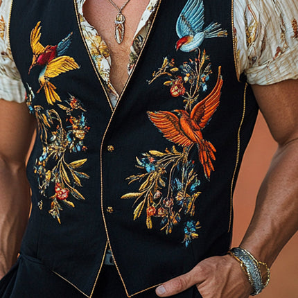 Men's Vintage V-Neck Vest | Bird Embroidered | Unique Fashion Statement | Timeless Style | Nature-Inspired Artistry | Casual or Polished Look | Versatile Layering | Premium Fabric | Vintage Design