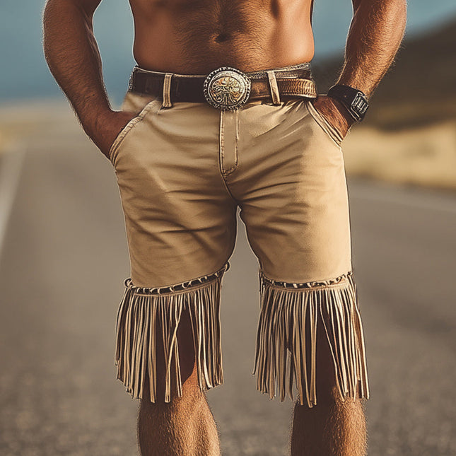 Men's Summer Western Cowboy Style Shorts | Chain Tassel Details | Relaxed Fit | High-Quality Lightweight Fabric | Mid-Thigh Length | Casual Summer Wear | Available in Sizes S to 3XL | Functional Pockets