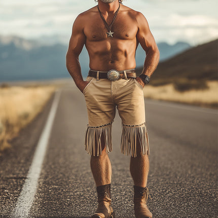 Men's Summer Western Cowboy Style Shorts | Chain Tassel Details | Relaxed Fit | High-Quality Lightweight Fabric | Mid-Thigh Length | Casual Summer Wear | Available in Sizes S to 3XL | Functional Pockets