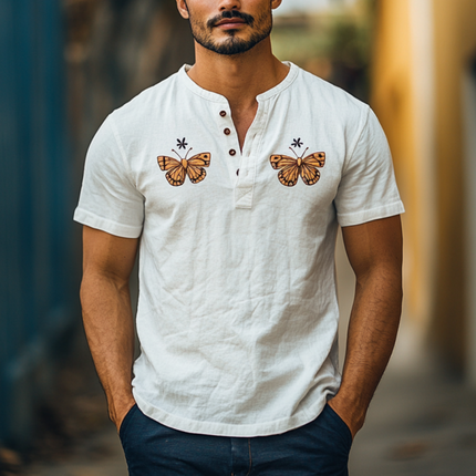 Men's Slim Fit Short Sleeve Shirt | Butterfly Embroidery | Cotton Linen Blend | Vintage Henley Collar | Breathable Summer Top | Classic Design | Casual & Smart Styles