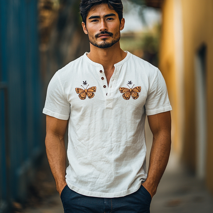 Men's Slim Fit Short Sleeve Shirt | Butterfly Embroidery | Cotton Linen Blend | Vintage Henley Collar | Breathable Summer Top | Classic Design | Casual & Smart Styles