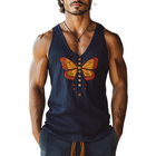 Men's Slim Fit Tank Top | Vintage Butterfly Embroidery | Cotton Linen Blend | U-Neck | Breathable Comfort | Artistic Flair | Casual Summer Style | Unique Design | Tailored Fit | Multiple Sizes