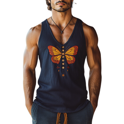 Men's Slim Fit Tank Top | Vintage Butterfly Embroidery | Cotton Linen Blend | U-Neck | Breathable Comfort | Artistic Flair | Casual Summer Style | Unique Design | Tailored Fit | Multiple Sizes