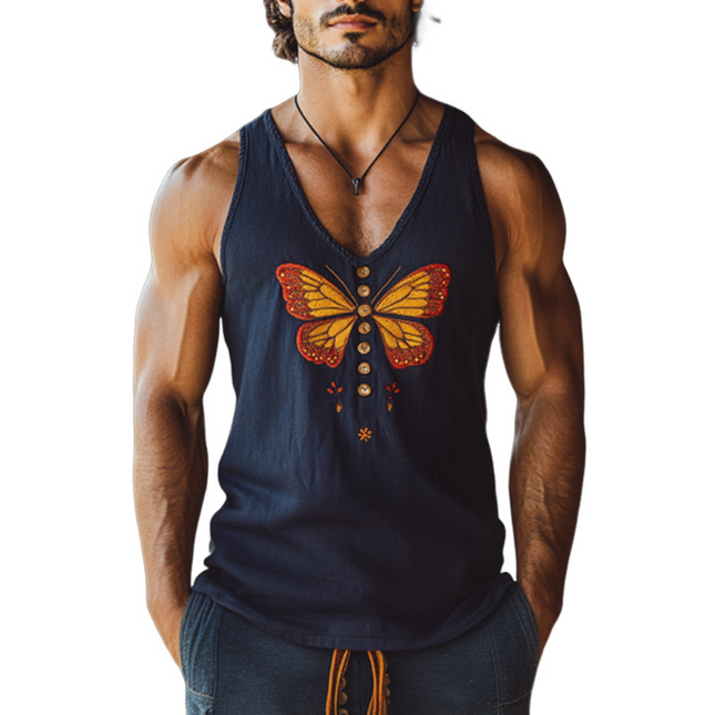 Men's Slim Fit Tank Top | Vintage Butterfly Embroidery | Cotton Linen Blend | U-Neck | Breathable Comfort | Artistic Flair | Casual Summer Style | Unique Design | Tailored Fit | Multiple Sizes