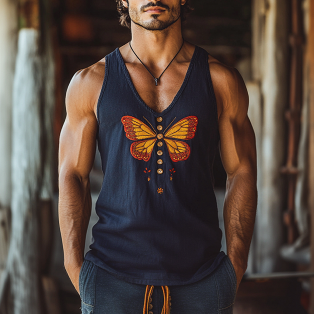Men's Slim Fit Tank Top | Vintage Butterfly Embroidery | Cotton Linen Blend | U-Neck | Breathable Comfort | Artistic Flair | Casual Summer Style | Unique Design | Tailored Fit | Multiple Sizes