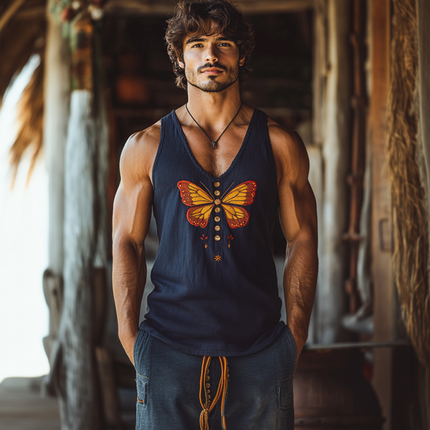 Men's Slim Fit Tank Top | Vintage Butterfly Embroidery | Cotton Linen Blend | U-Neck | Breathable Comfort | Artistic Flair | Casual Summer Style | Unique Design | Tailored Fit | Multiple Sizes