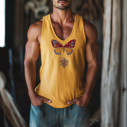 Men's Vintage Butterfly Embroidered Tank | Cotton Linen Blend | Slim Fit | U-Neck | Artistic Summer Style | Breathable Fabric | Casual Versatile Top | Multiple Sizes Available