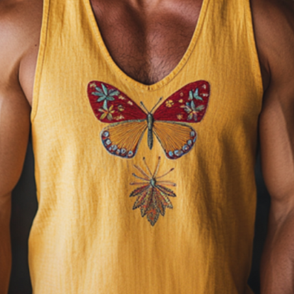 Men's Vintage Butterfly Embroidered Tank | Cotton Linen Blend | Slim Fit | U-Neck | Artistic Summer Style | Breathable Fabric | Casual Versatile Top | Multiple Sizes Available