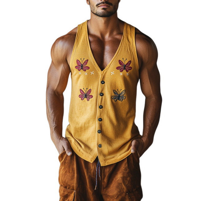 Men's Slim Fit Tank Top | Vintage Butterfly Embroidery | Cotton Blend V-Neck | Single Breasted Design | Stylish Summer Wear | Breathable Fabric | Casual & Semi-Formal | Easy Care | Versatile Fashion Choice