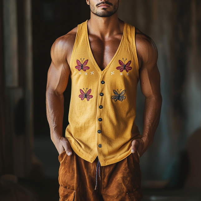 Men's Slim Fit Tank Top | Vintage Butterfly Embroidery | Cotton Blend V-Neck | Single Breasted Design | Stylish Summer Wear | Breathable Fabric | Casual & Semi-Formal | Easy Care | Versatile Fashion Choice