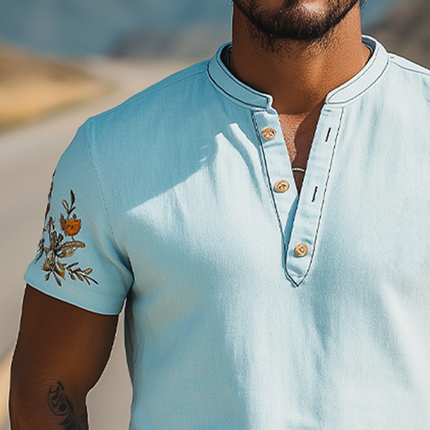 Men's Casual Summer T-Shirt | Henley Collar | Ramie Fabric | Embroidery Detail | Short Sleeve | Breathable & Lightweight | Versatile Fashion