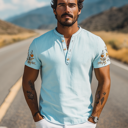Men's Casual Summer T-Shirt | Henley Collar | Ramie Fabric | Embroidery Detail | Short Sleeve | Breathable & Lightweight | Versatile Fashion
