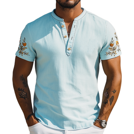 Men's Casual Summer T-Shirt | Henley Collar | Ramie Fabric | Embroidery Detail | Short Sleeve | Breathable & Lightweight | Versatile Fashion
