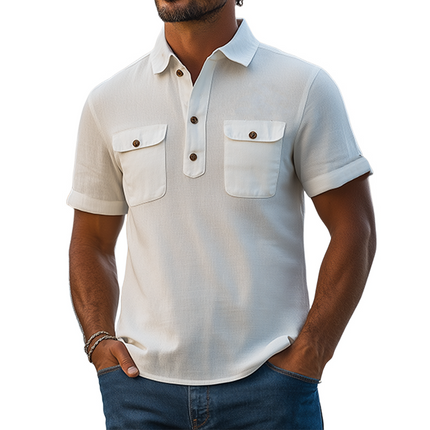 Men's Short-Sleeved Polo Shirt | Premium Ramie Fabric for Breathability | Multi-Pocket Design for Practicality | Classic Collar | Casual Summer Fashion | Lightweight & Versatile