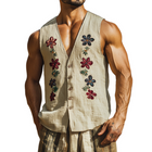 Men's Vintage Floral Embroidered Linen Tank | Breathable V-Neck | Single Breasted | Loose Fit | Summer Casual Top | Artistic Embroidery | Lightweight & Airy Sleeveless Shirt