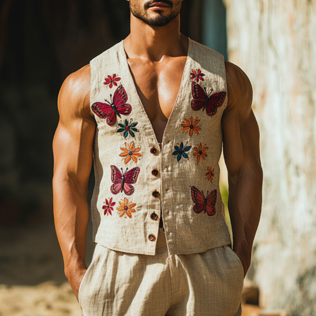 Men's Linen Vest | Vintage Butterfly Embroidery | Slim Fit | V-Neck | Single Breasted Closure | Lightweight and Breathable | Elegant Formal and Casual Wear | Sizes Available | Ideal for Weddings and Business Meetings