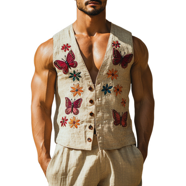 Men's Linen Vest | Vintage Butterfly Embroidery | Slim Fit | V-Neck | Single Breasted Closure | Lightweight and Breathable | Elegant Formal and Casual Wear | Sizes Available | Ideal for Weddings and Business Meetings