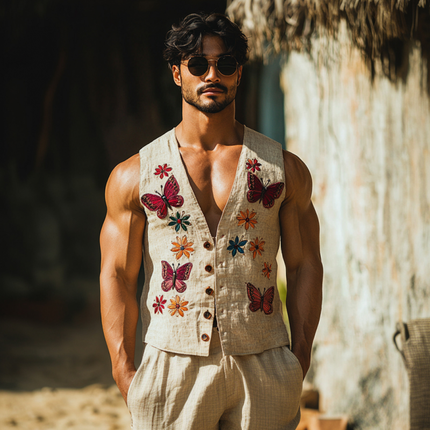 Men's Linen Vest | Vintage Butterfly Embroidery | Slim Fit | V-Neck | Single Breasted Closure | Lightweight and Breathable | Elegant Formal and Casual Wear | Sizes Available | Ideal for Weddings and Business Meetings