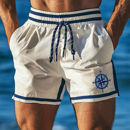 Men's Retro Beach Shorts | Colorblock Compass Print | Sports Drawstring | Lightweight Polyester-Cotton Blend | Casual Summer Wear | Relaxed Fit | Elastic Waistband | Ideal for Vacations & Outdoors
