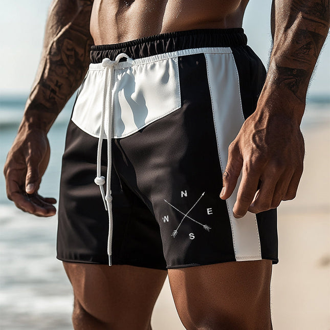 Men's Retro Casual Colorblock Compass Print Drawstring Beach Shorts | Breathable Quick-Drying Fabric | Adjustable Elastic Waist | Relaxed Fit | Trendy Sports Shorts for Summer