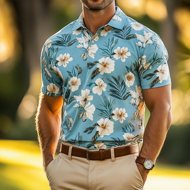 Men's Polo Shirt | Retro Casual Beach Hawaiian Style | Large Floral Print | Short Sleeve | Breathable Lightweight Fabric | Comfortable Fit | Summer Wardrobe Essential | Sizes S-3XL