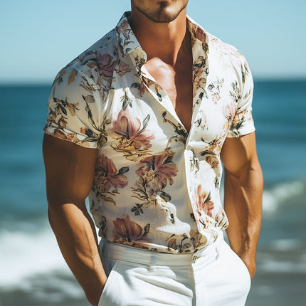Men's Hawaiian Shirt | Floral Short Sleeve | Lapel Collar | Retro Casual Beach Wear | Lightweight Cotton Blend | Tropical Summer Style | Comfortable Fit | Vibrant Floral Patterns | Available S-3XL
