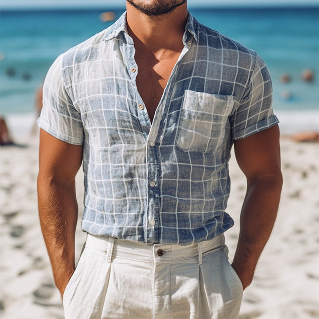 Men's Retro Plaid Linen Shirt | Short Sleeve | Lapel Collar | Casual Pocket Design | Breathable Fabric | Multiple Sizes | Classic Style | Ideal for Summer
