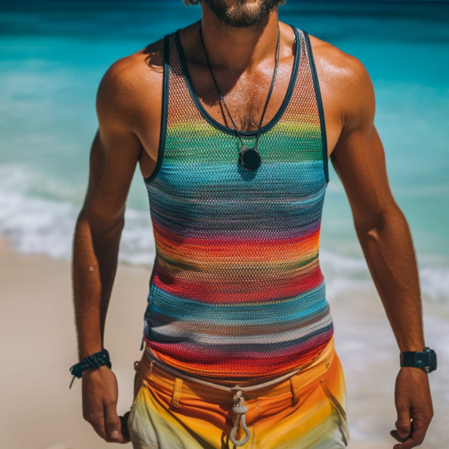 Men's Retro Mesh Tank Top | Rainbow Stripe Print | Sleeveless Crew Neck | Breathable Fabric | Summer Casual Clothing | Festival Wear | Workout Activewear | S-3XL
