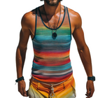 Men's Retro Mesh Tank Top | Rainbow Stripe Print | Sleeveless Crew Neck | Breathable Fabric | Summer Casual Clothing | Festival Wear | Workout Activewear | S-3XL