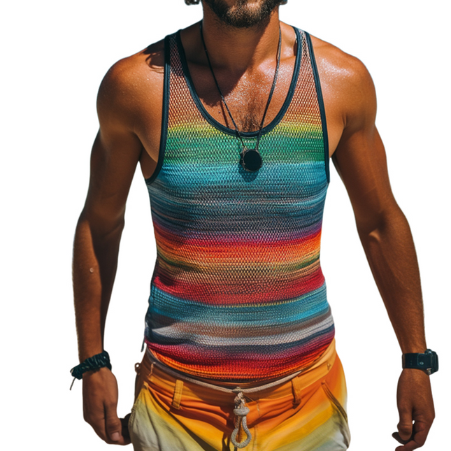 Men's Retro Mesh Tank Top | Rainbow Stripe Print | Sleeveless Crew Neck | Breathable Fabric | Summer Casual Clothing | Festival Wear | Workout Activewear | S-3XL