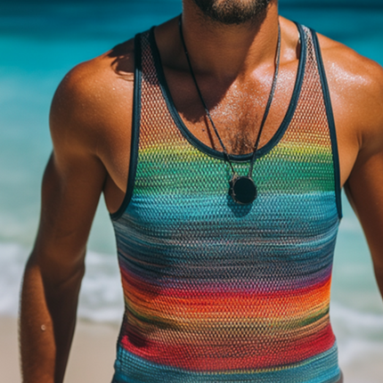 Men's Retro Mesh Tank Top | Rainbow Stripe Print | Sleeveless Crew Neck | Breathable Fabric | Summer Casual Clothing | Festival Wear | Workout Activewear | S-3XL