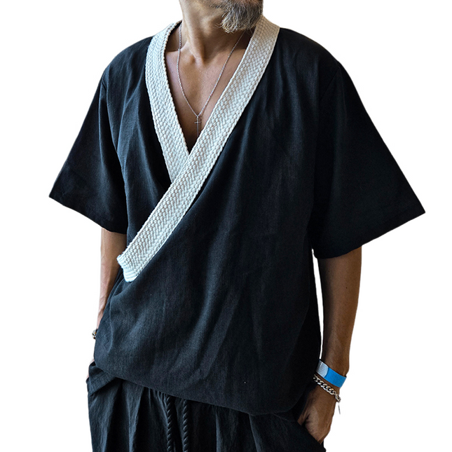Men's Linen Shirt | Retro Casual V-Neck | Short Sleeve | Splicing Design | Breathable Lightweight | Ideal for Warm Weather | Sizes S-3XL | Versatile Casual Summer Shirt | Vintage Style | Beach & Relaxed Gatherings