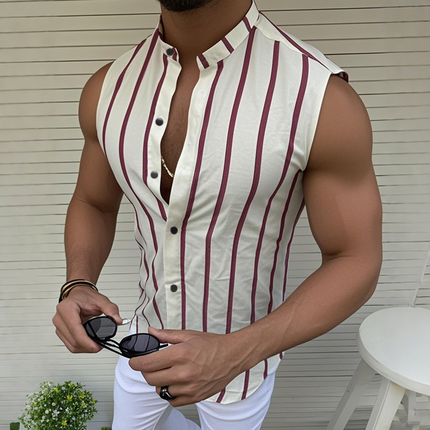 Men's Sleeveless Shirt | Casual Cotton Striped Stand Collar | Slim Fit Single Breasted | Lightweight Summer Fashion