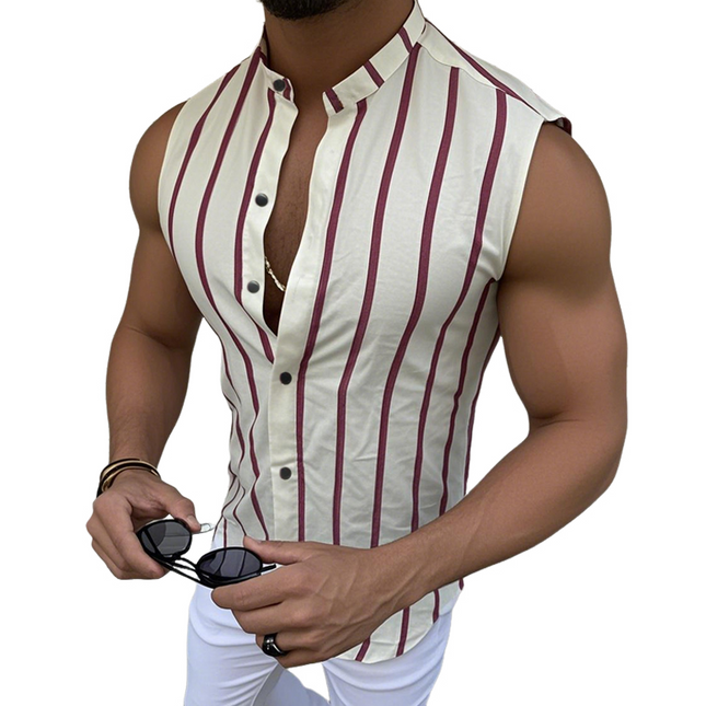 Men's Sleeveless Shirt | Casual Cotton Striped Stand Collar | Slim Fit Single Breasted | Lightweight Summer Fashion
