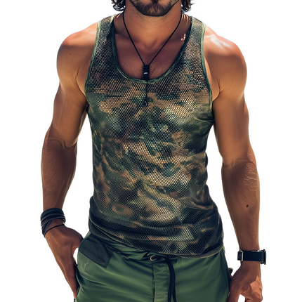 Men's Retro Camouflage Mesh Tank Top | Sleeveless Round Neck | Cool Comfortable Gym Wear | Lightweight Moisture-Wicking | Casual Stylish Tops | Sizes S-3XL