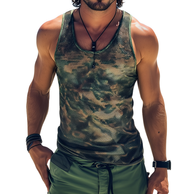 Men's Retro Camouflage Mesh Tank Top | Sleeveless Round Neck | Cool Comfortable Gym Wear | Lightweight Moisture-Wicking | Casual Stylish Tops | Sizes S-3XL