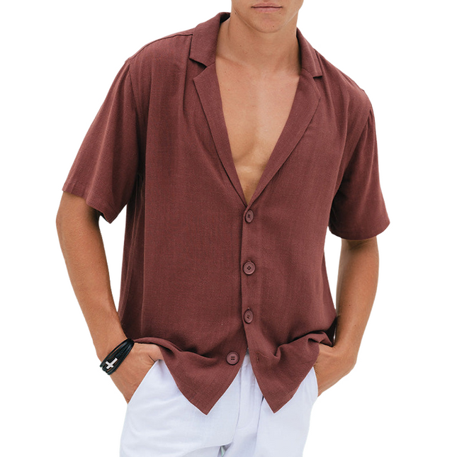 Men's Breathable Cotton Linen Short Sleeve Shirt | Notched Lapel | Loose Fit | Casual Summer Top | Versatile Colors | Lightweight | Moisture-Wicking | Easy Care | Multiple Sizes Available