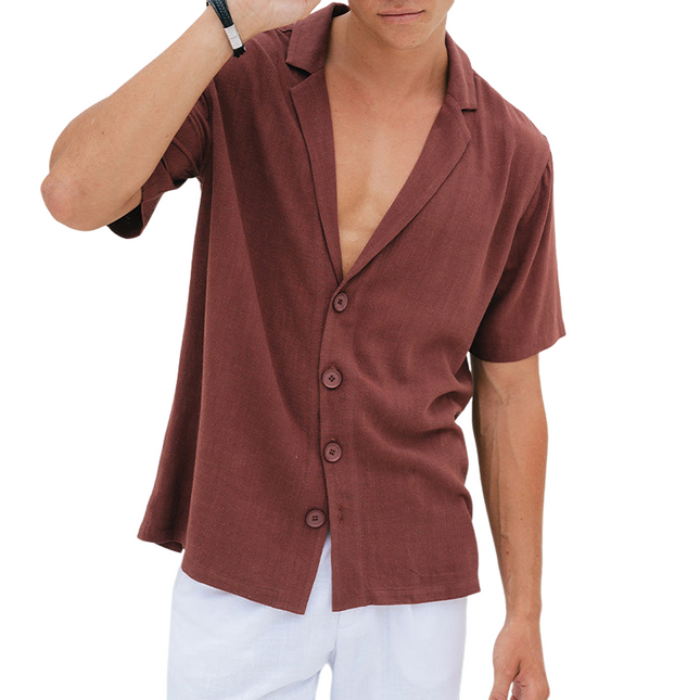 Men's Breathable Cotton Linen Short Sleeve Shirt | Notched Lapel | Loose Fit | Casual Summer Top | Versatile Colors | Lightweight | Moisture-Wicking | Easy Care | Multiple Sizes Available