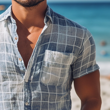 Men's Retro Plaid Linen Shirt | Short Sleeve | Lapel Collar | Casual Pocket Design | Breathable Fabric | Multiple Sizes | Classic Style | Ideal for Summer
