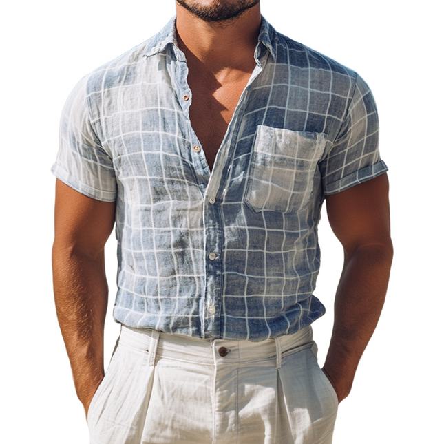 Men's Retro Plaid Linen Shirt | Short Sleeve | Lapel Collar | Casual Pocket Design | Breathable Fabric | Multiple Sizes | Classic Style | Ideal for Summer