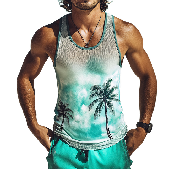 Men's Sleeveless Tank Top | Retro Casual Coconut Tree Print | Mesh Fabric Crew Neck | Summer Beachwear | Lightweight & Breathable | Available in Sizes S to 3XL